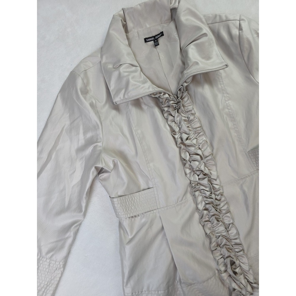 Samuel Dong Ruffle Zip Jacket Womens Medium Metallic Gray Ruffle Full-Zip Formal